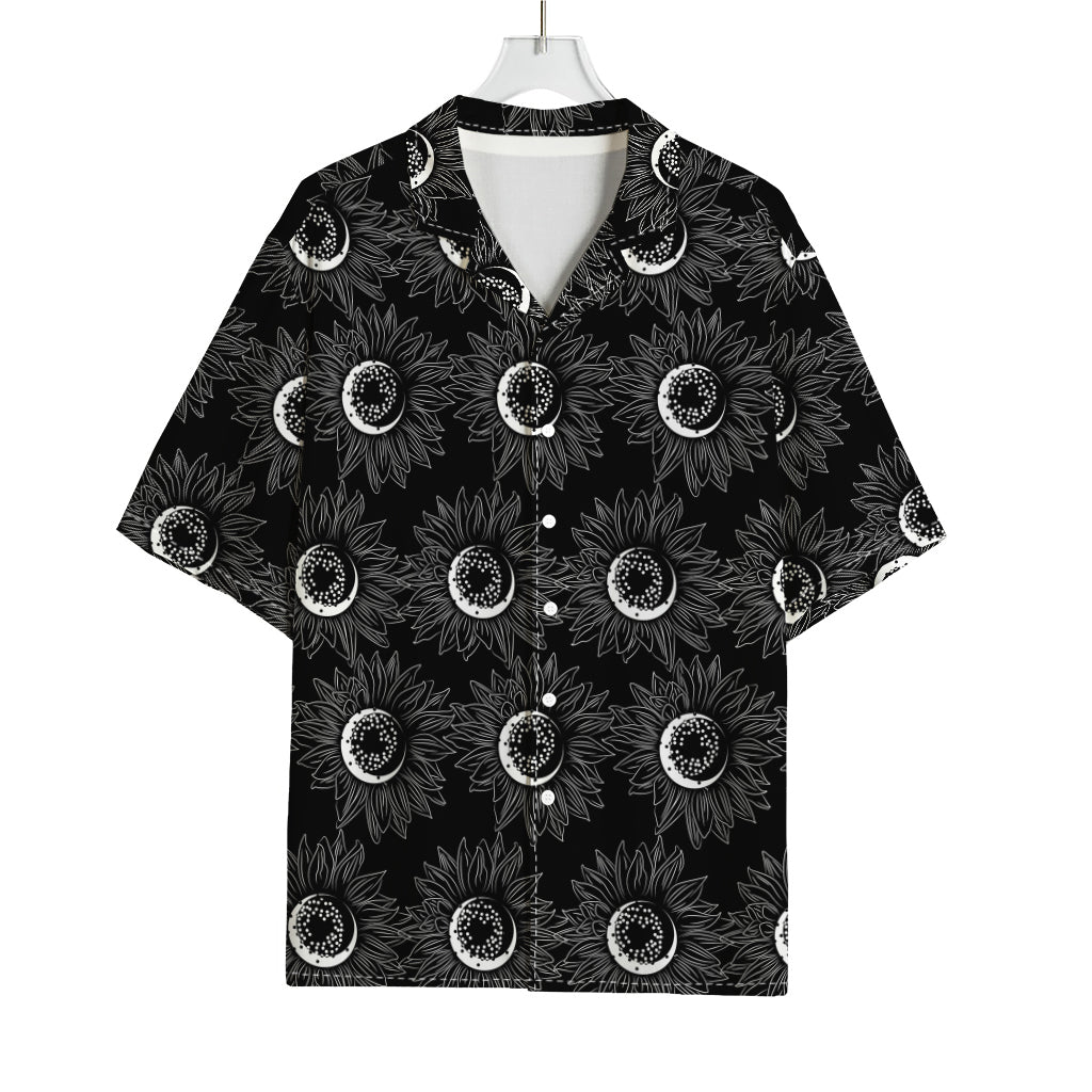White And Black Sunflower Pattern Print Rayon Hawaiian Shirt