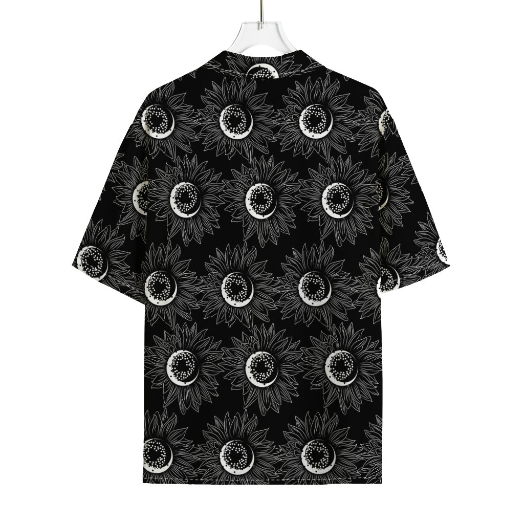 White And Black Sunflower Pattern Print Rayon Hawaiian Shirt