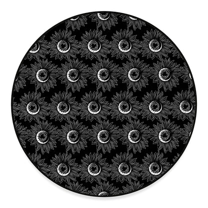 White And Black Sunflower Pattern Print Round Floor Mat
