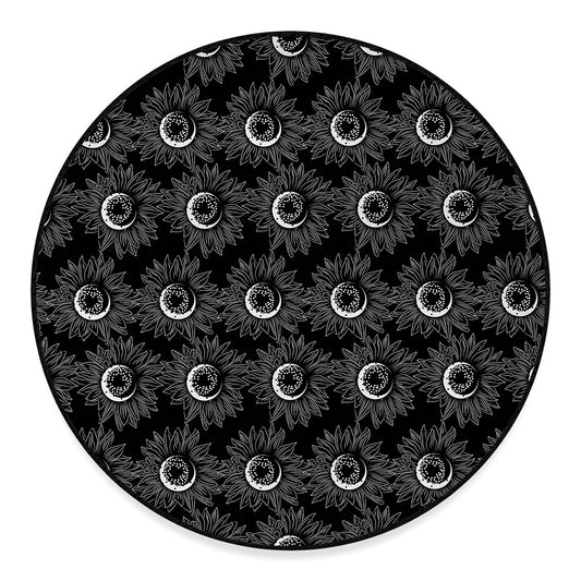 White And Black Sunflower Pattern Print Round Floor Mat