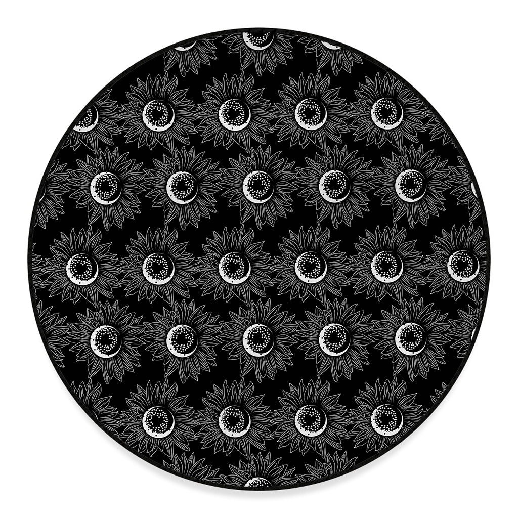 White And Black Sunflower Pattern Print Round Floor Mat