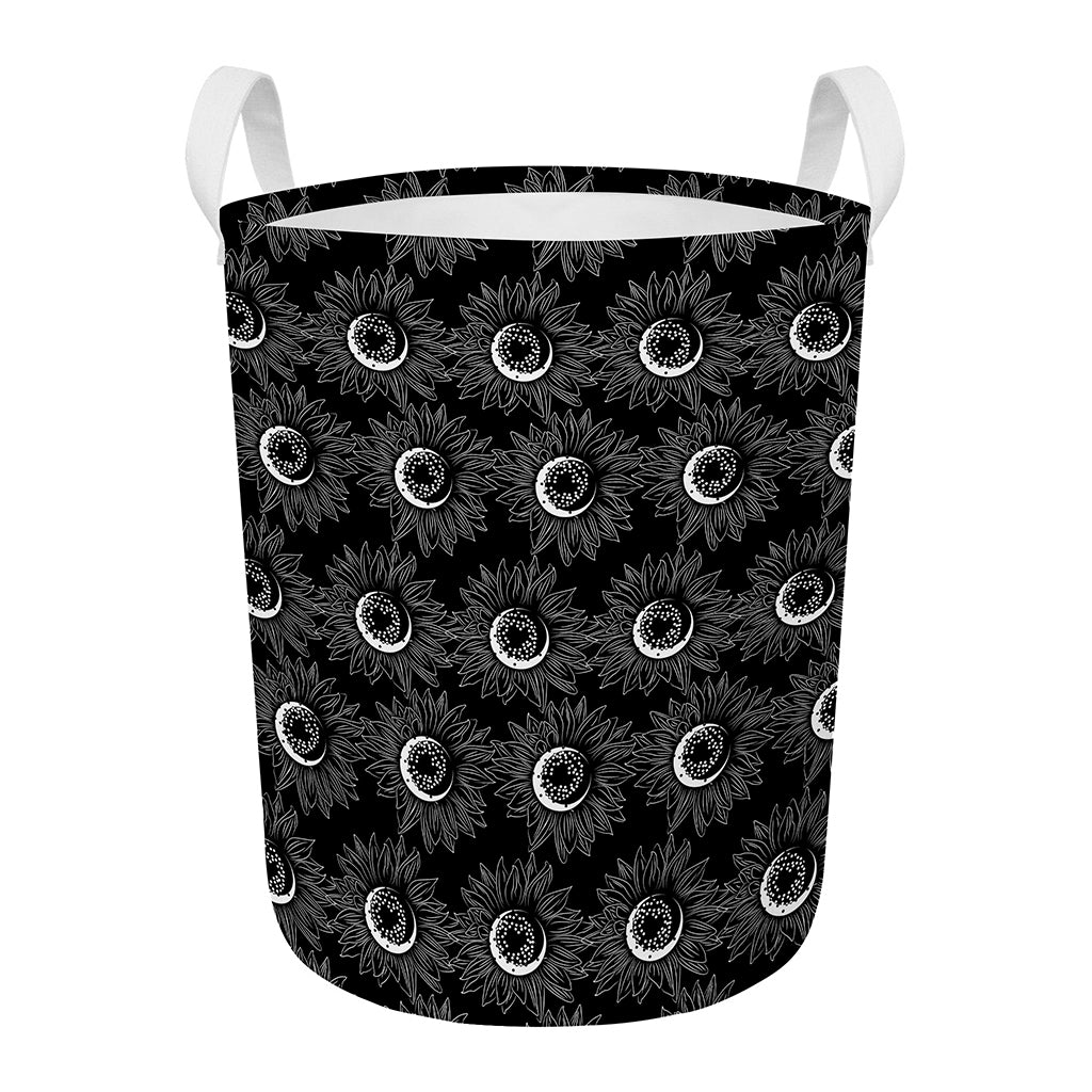 White And Black Sunflower Pattern Print Round Laundry Basket