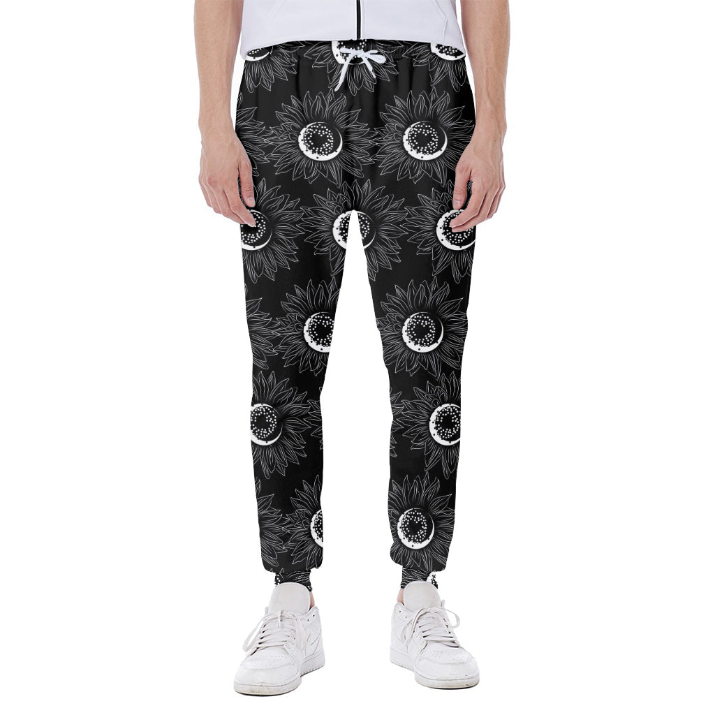White And Black Sunflower Pattern Print Scuba Joggers