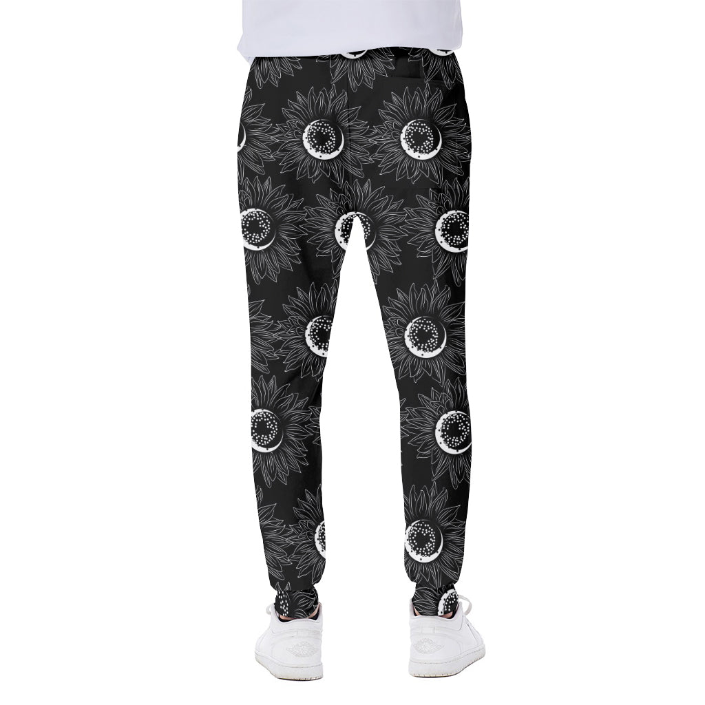 White And Black Sunflower Pattern Print Scuba Joggers