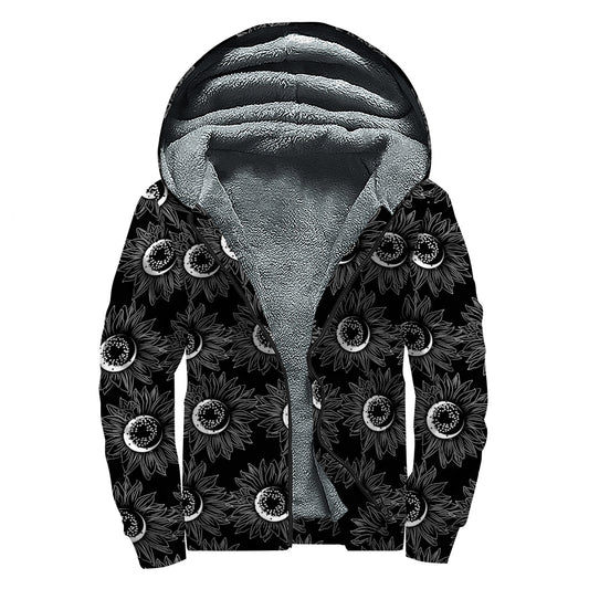 White And Black Sunflower Pattern Print Sherpa Lined Zip Up Hoodie