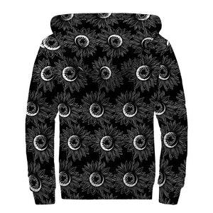 White And Black Sunflower Pattern Print Sherpa Lined Zip Up Hoodie