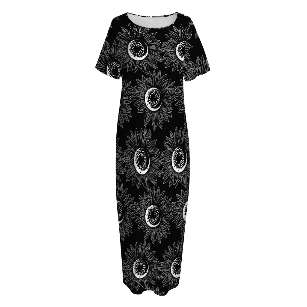 White And Black Sunflower Pattern Print Short Sleeve Long Nightdress