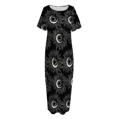 White And Black Sunflower Pattern Print Short Sleeve Long Nightdress