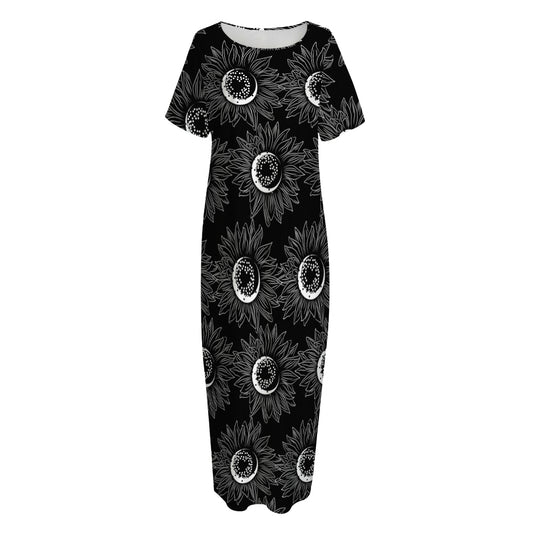 White And Black Sunflower Pattern Print Short Sleeve Long Nightdress