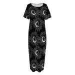 White And Black Sunflower Pattern Print Short Sleeve Long Nightdress