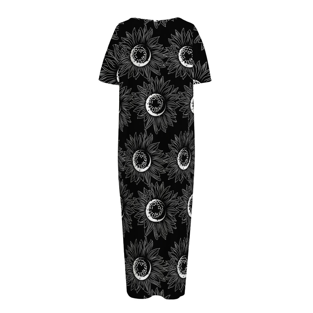 White And Black Sunflower Pattern Print Short Sleeve Long Nightdress
