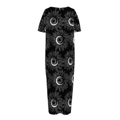 White And Black Sunflower Pattern Print Short Sleeve Long Nightdress