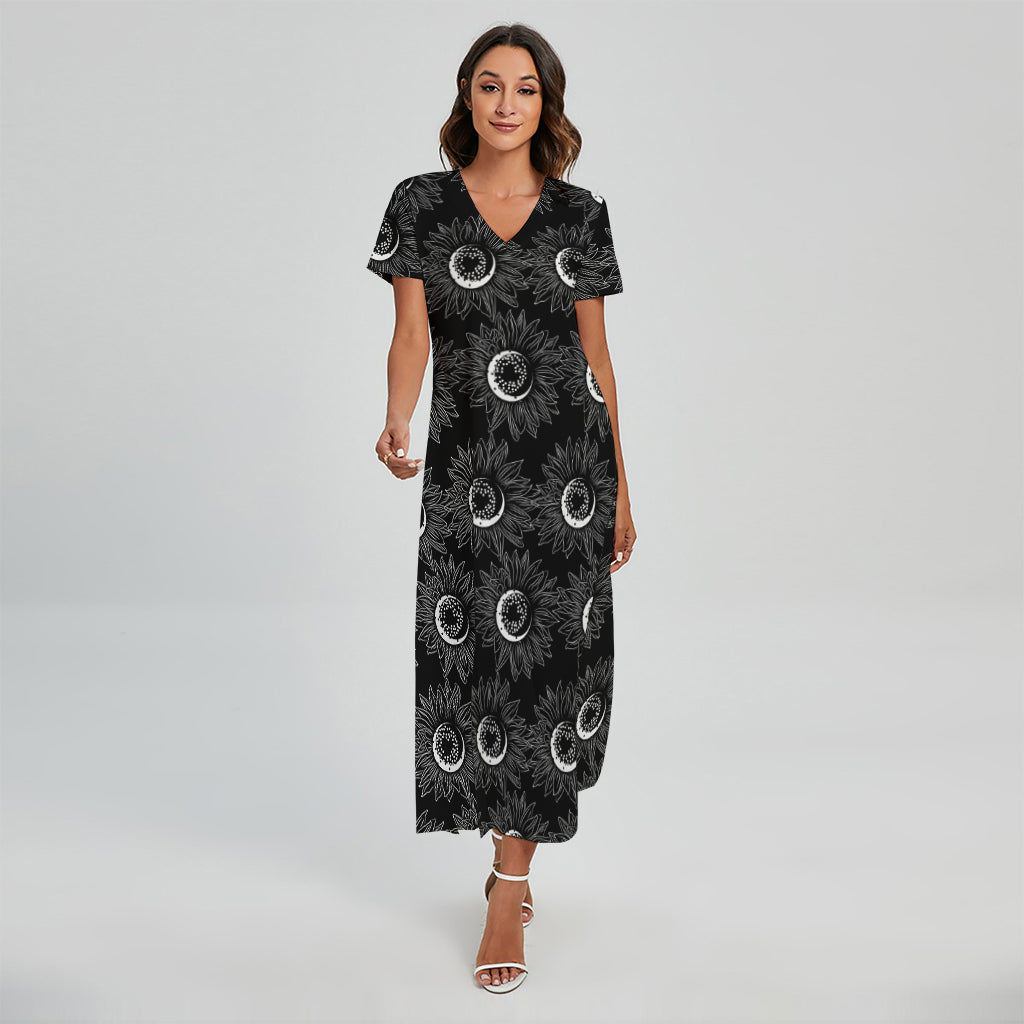 White And Black Sunflower Pattern Print Short Sleeve Maxi Dress
