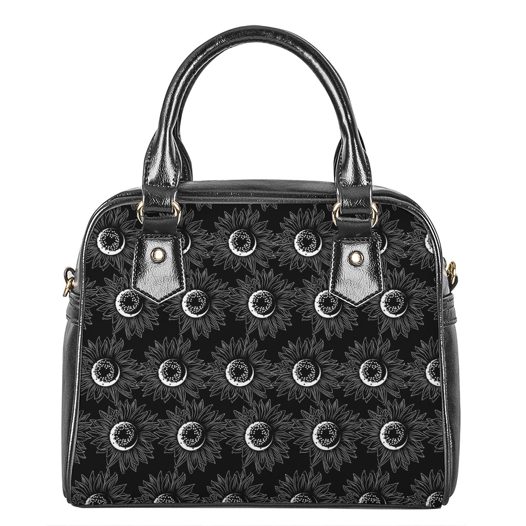 White And Black Sunflower Pattern Print Shoulder Handbag