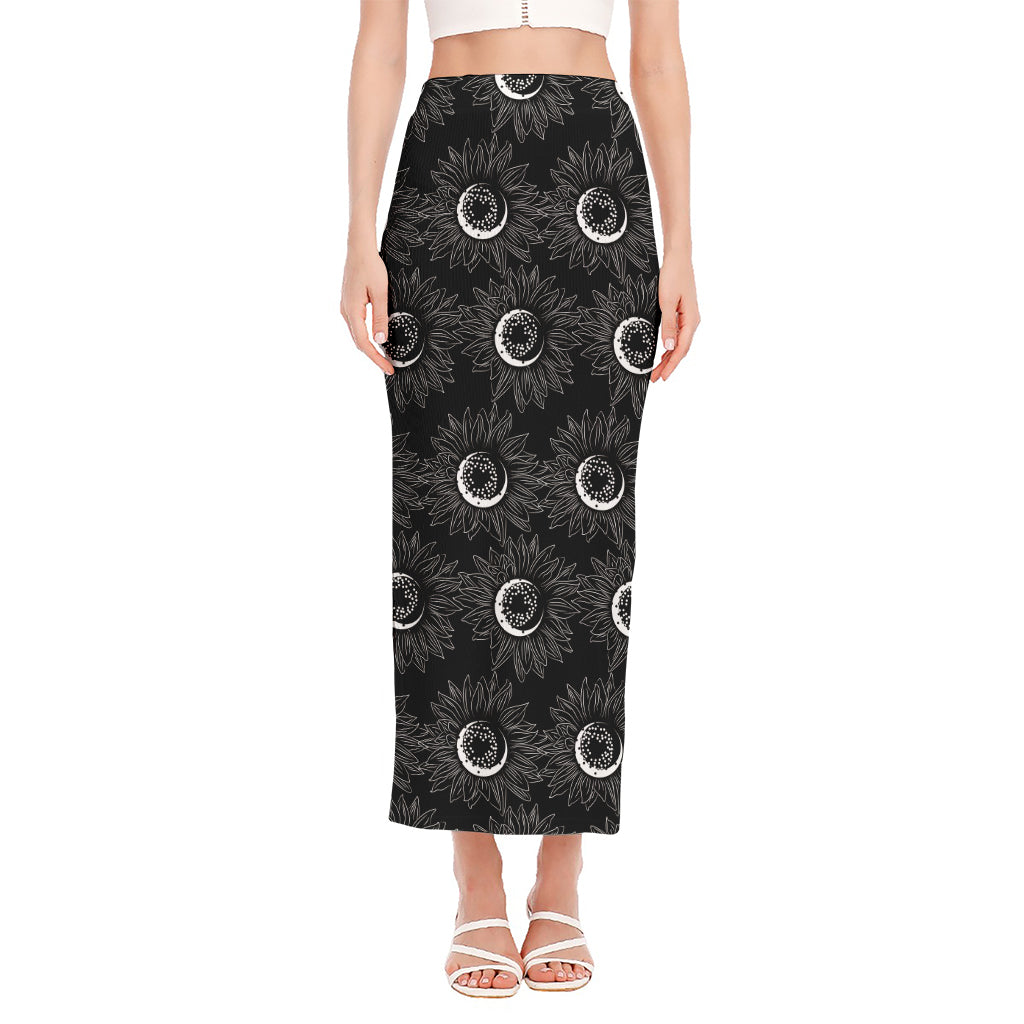 White And Black Sunflower Pattern Print Side Slit Maxi Skirt