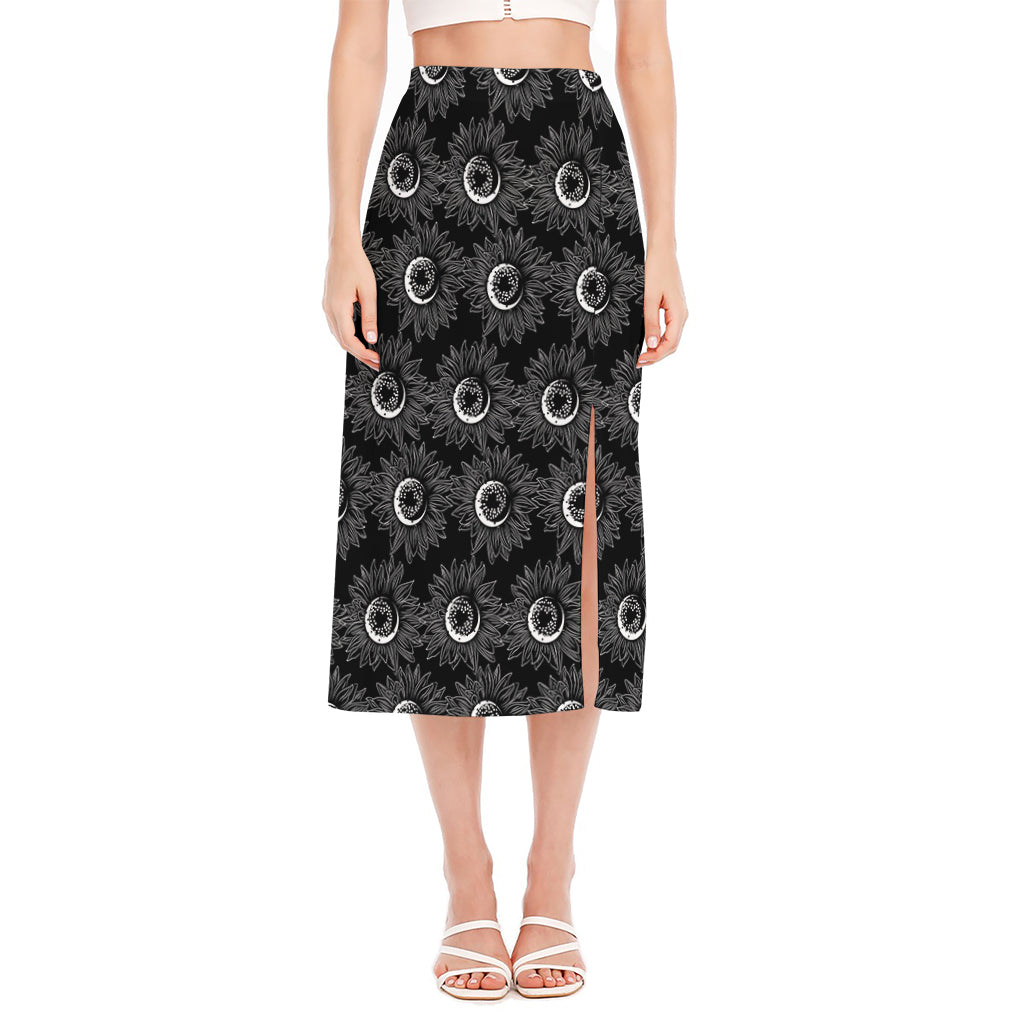 White And Black Sunflower Pattern Print Side Slit Midi Skirt