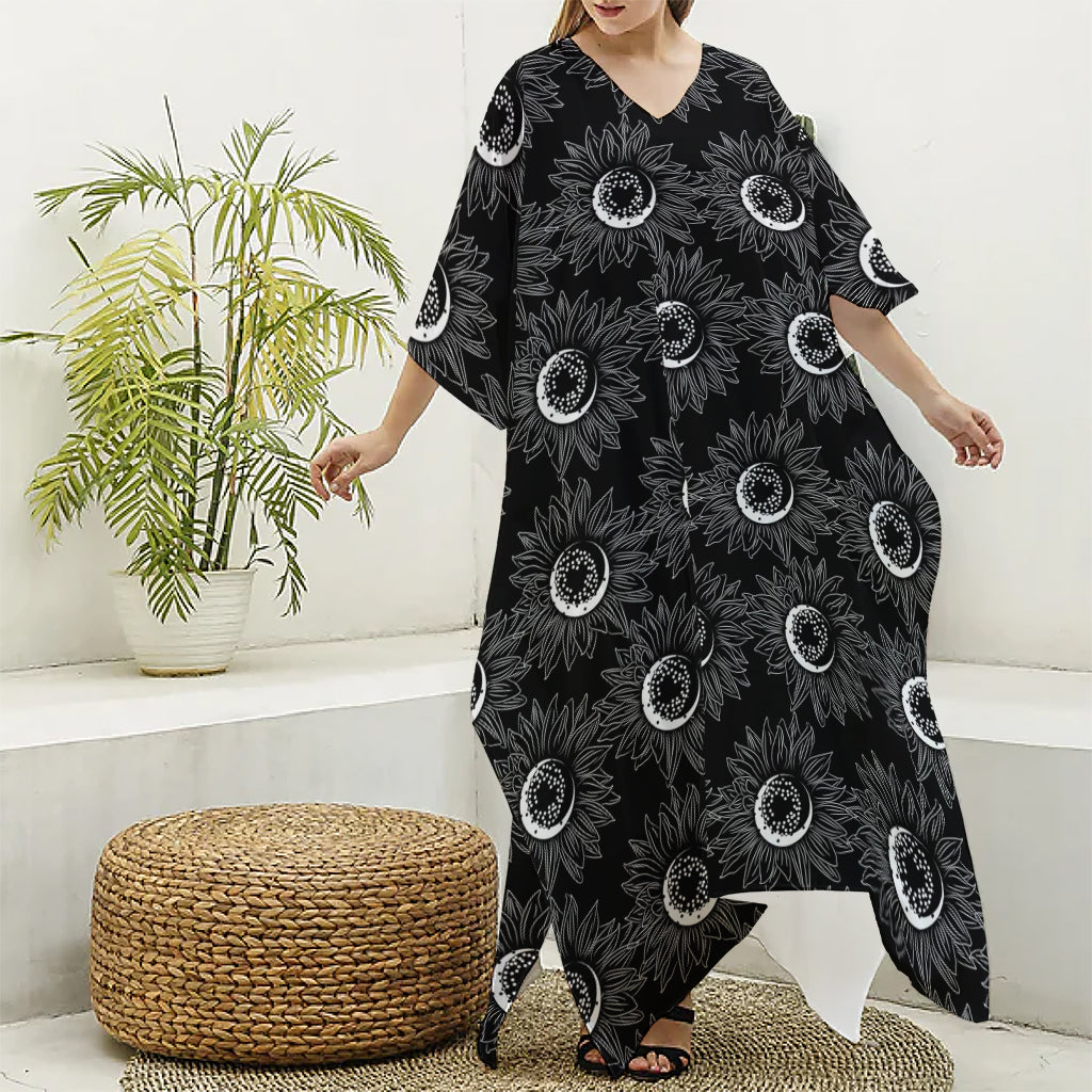 White And Black Sunflower Pattern Print Silk V-Neck Kaftan Dress
