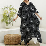 White And Black Sunflower Pattern Print Silk V-Neck Kaftan Dress