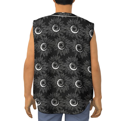 White And Black Sunflower Pattern Print Sleeveless Baseball Jersey