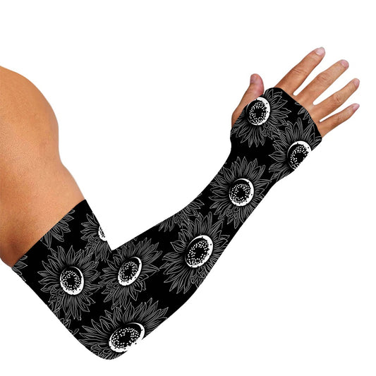 White And Black Sunflower Pattern Print Sun Protection Arm Sleeves