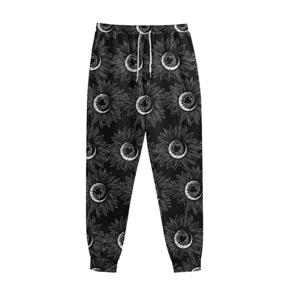 White And Black Sunflower Pattern Print Sweatpants