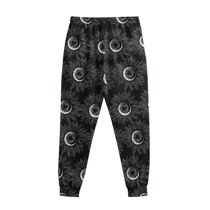 White And Black Sunflower Pattern Print Sweatpants