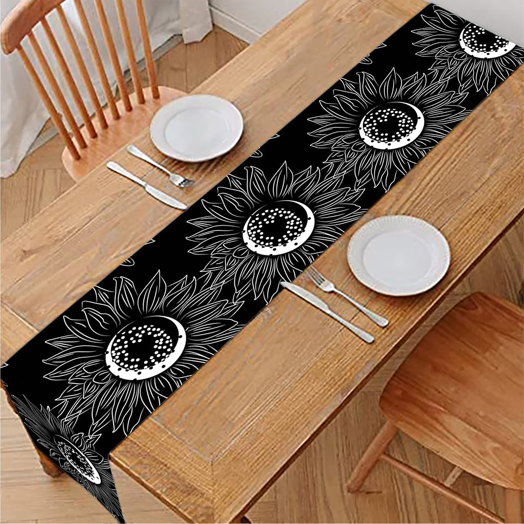 White And Black Sunflower Pattern Print Table Runner