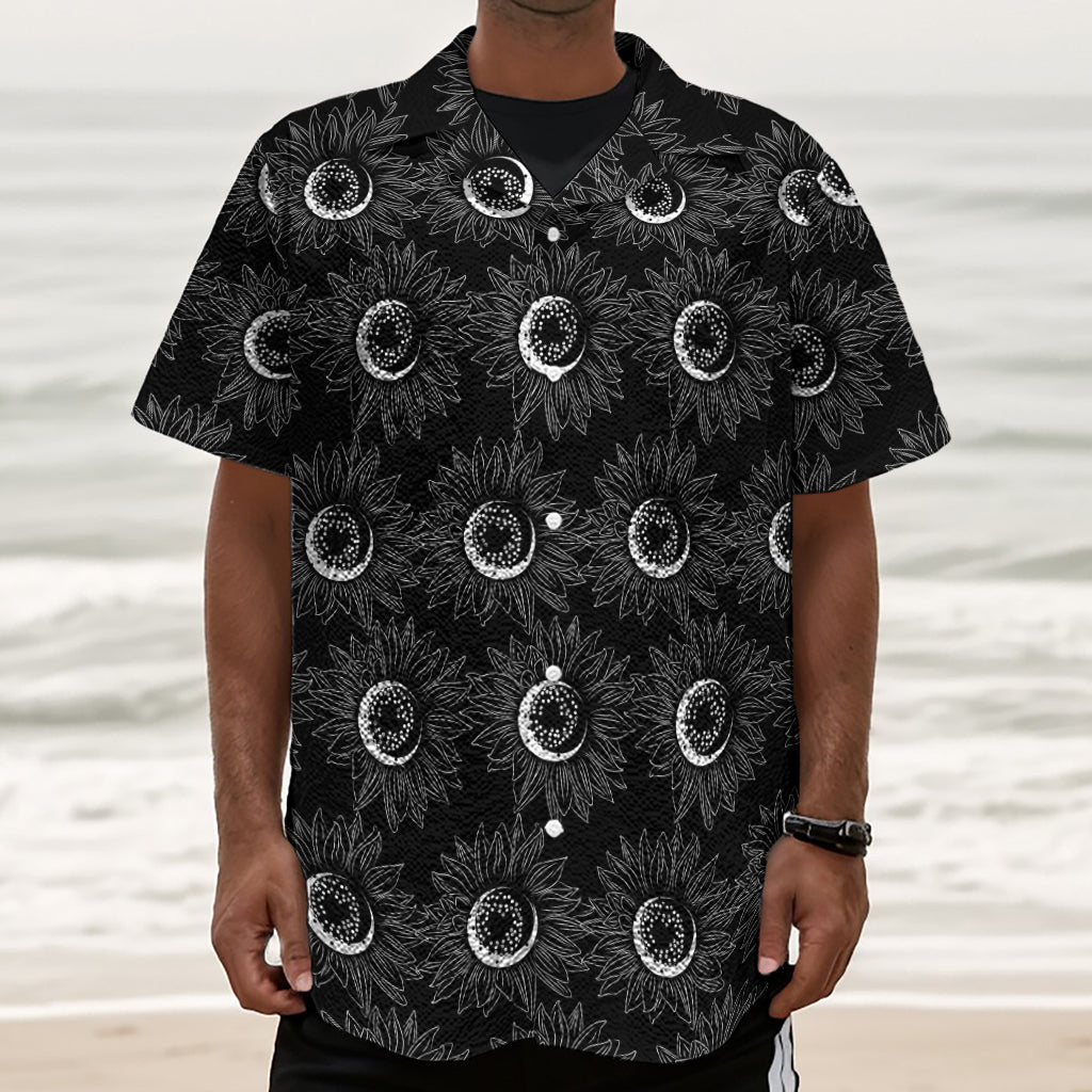 White And Black Sunflower Pattern Print Textured Short Sleeve Shirt