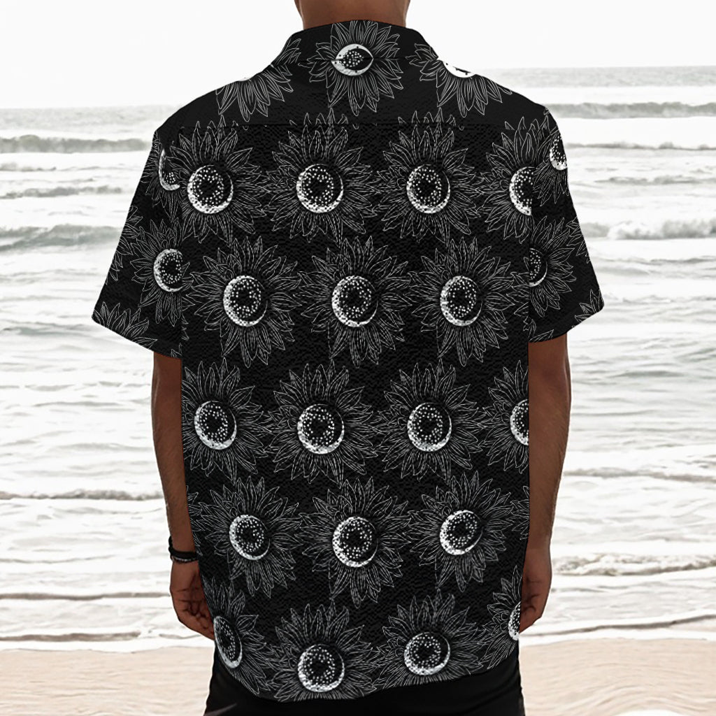White And Black Sunflower Pattern Print Textured Short Sleeve Shirt