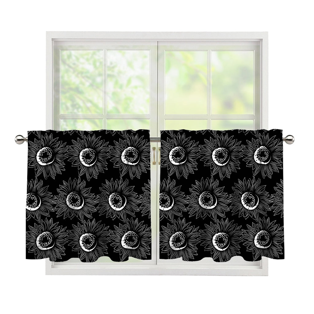 White And Black Sunflower Pattern Print Tier Curtains