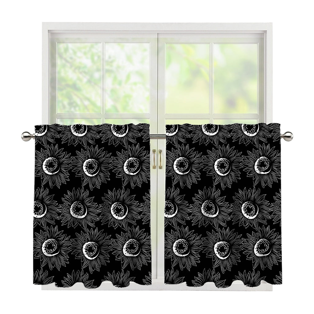 White And Black Sunflower Pattern Print Tier Curtains