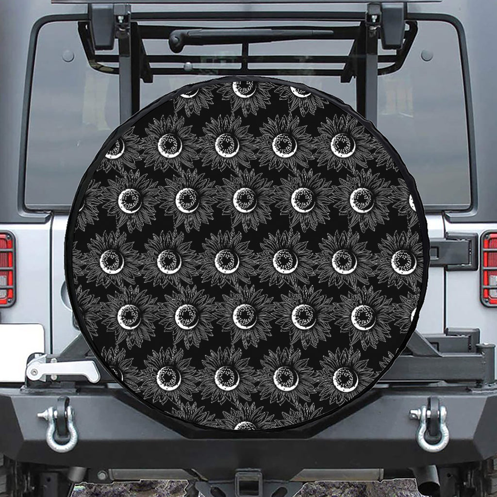 White And Black Sunflower Pattern Print Tire Cover