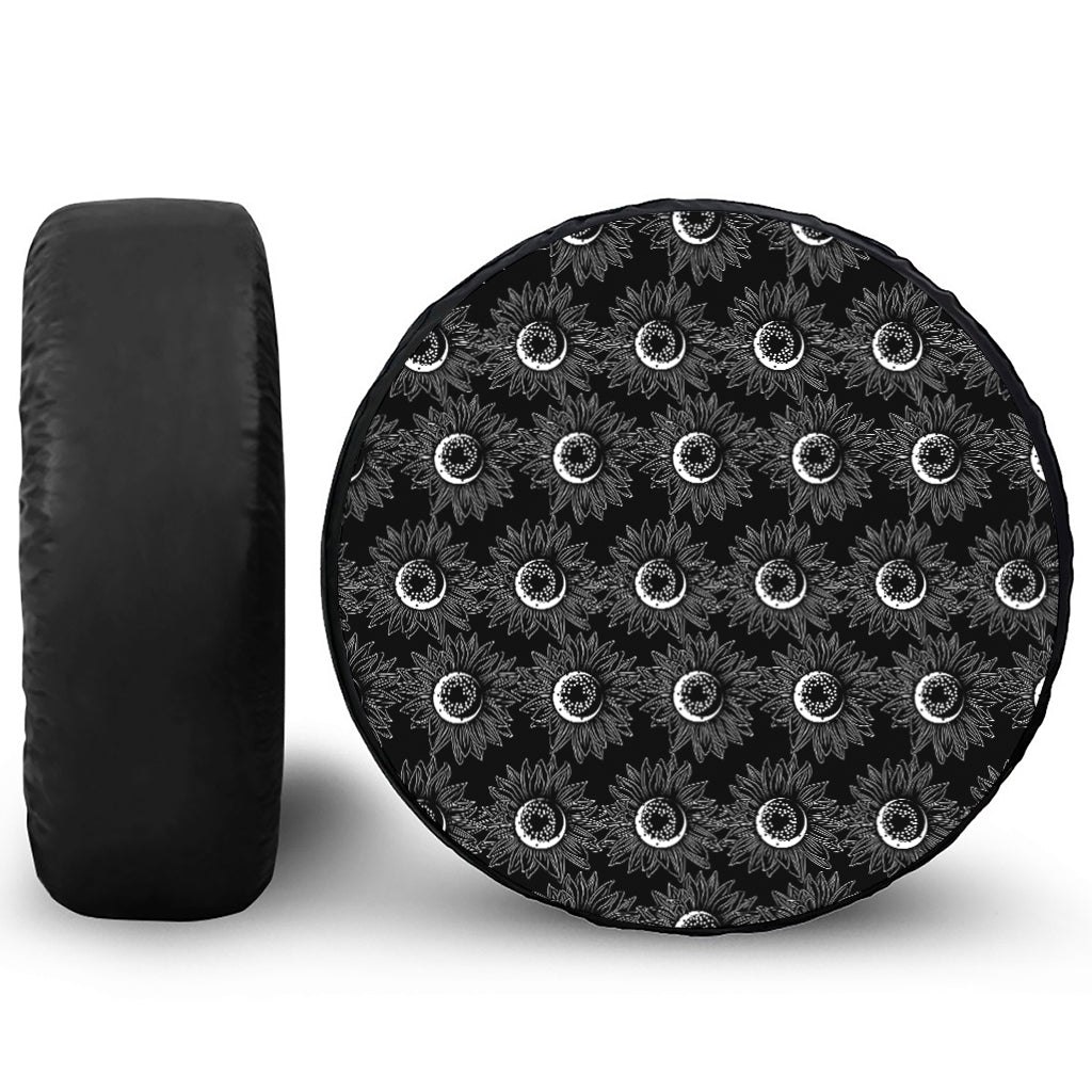 White And Black Sunflower Pattern Print Tire Cover