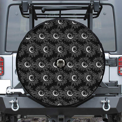 White And Black Sunflower Pattern Print Tire Cover With Camera Hole