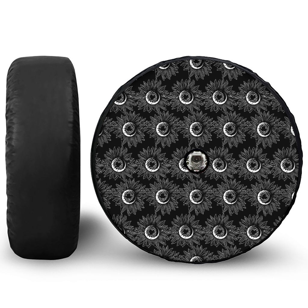 White And Black Sunflower Pattern Print Tire Cover With Camera Hole