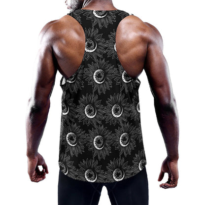 White And Black Sunflower Pattern Print Training Tank Top