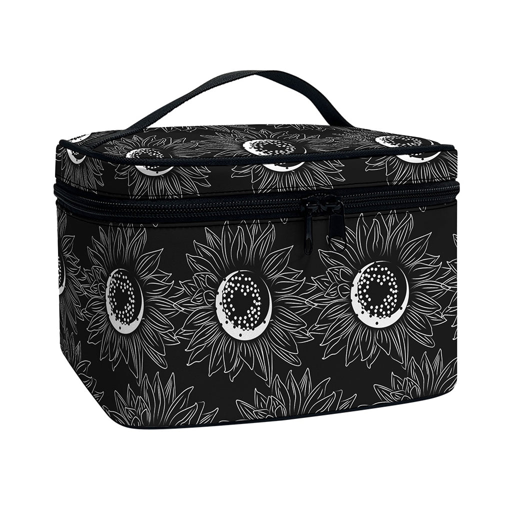 White And Black Sunflower Pattern Print Travel Makeup Bag