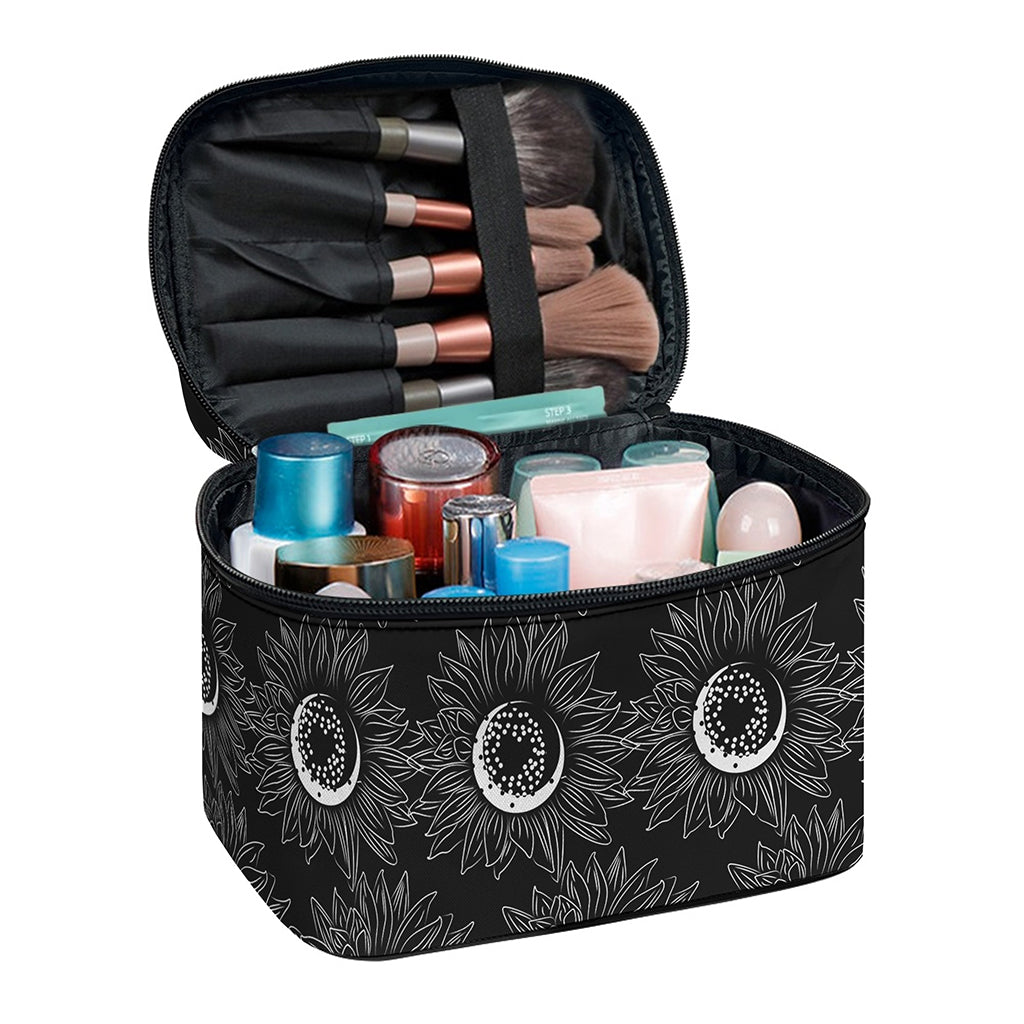 White And Black Sunflower Pattern Print Travel Makeup Bag