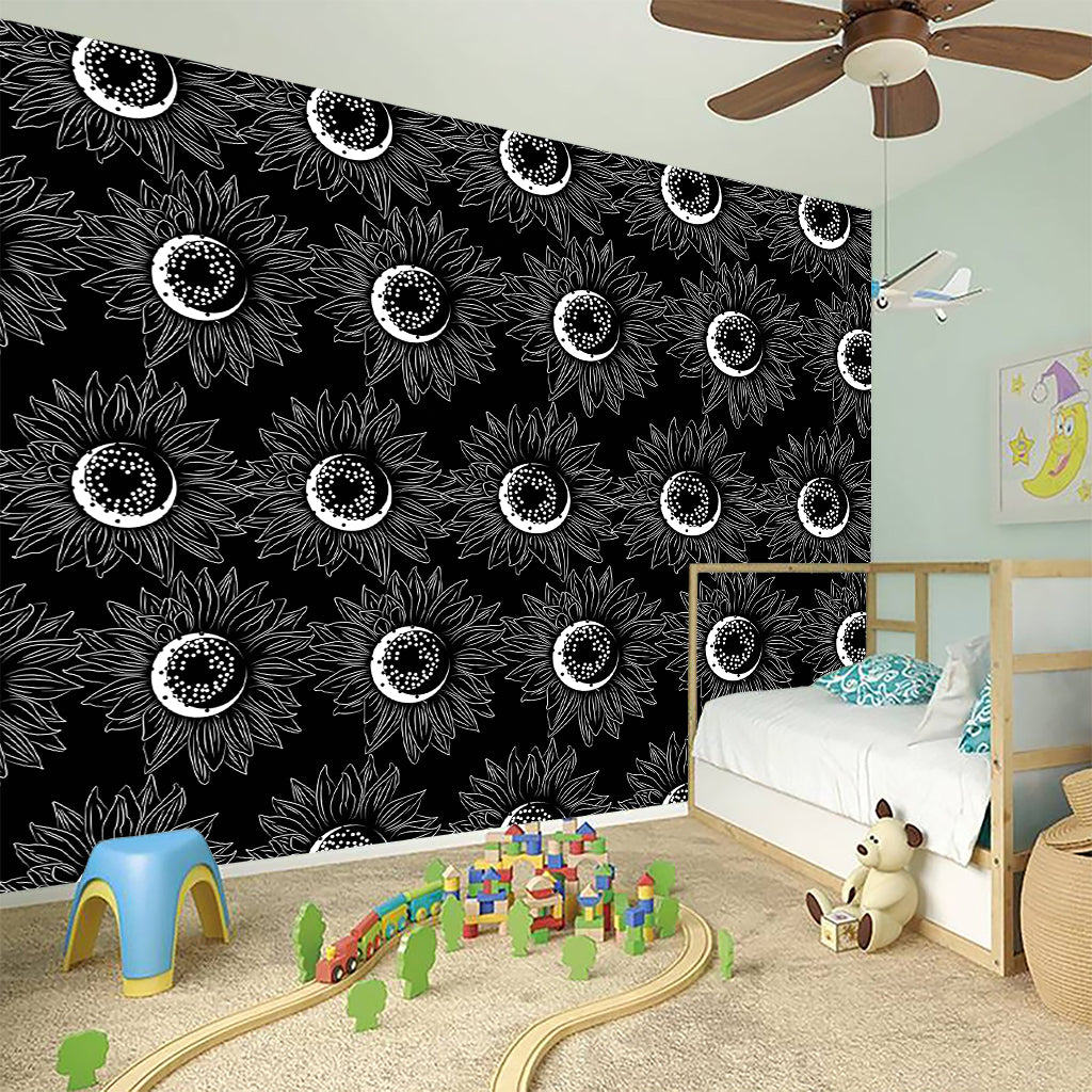 White And Black Sunflower Pattern Print Wall Sticker
