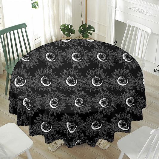 White And Black Sunflower Pattern Print Waterproof Round Tablecloth