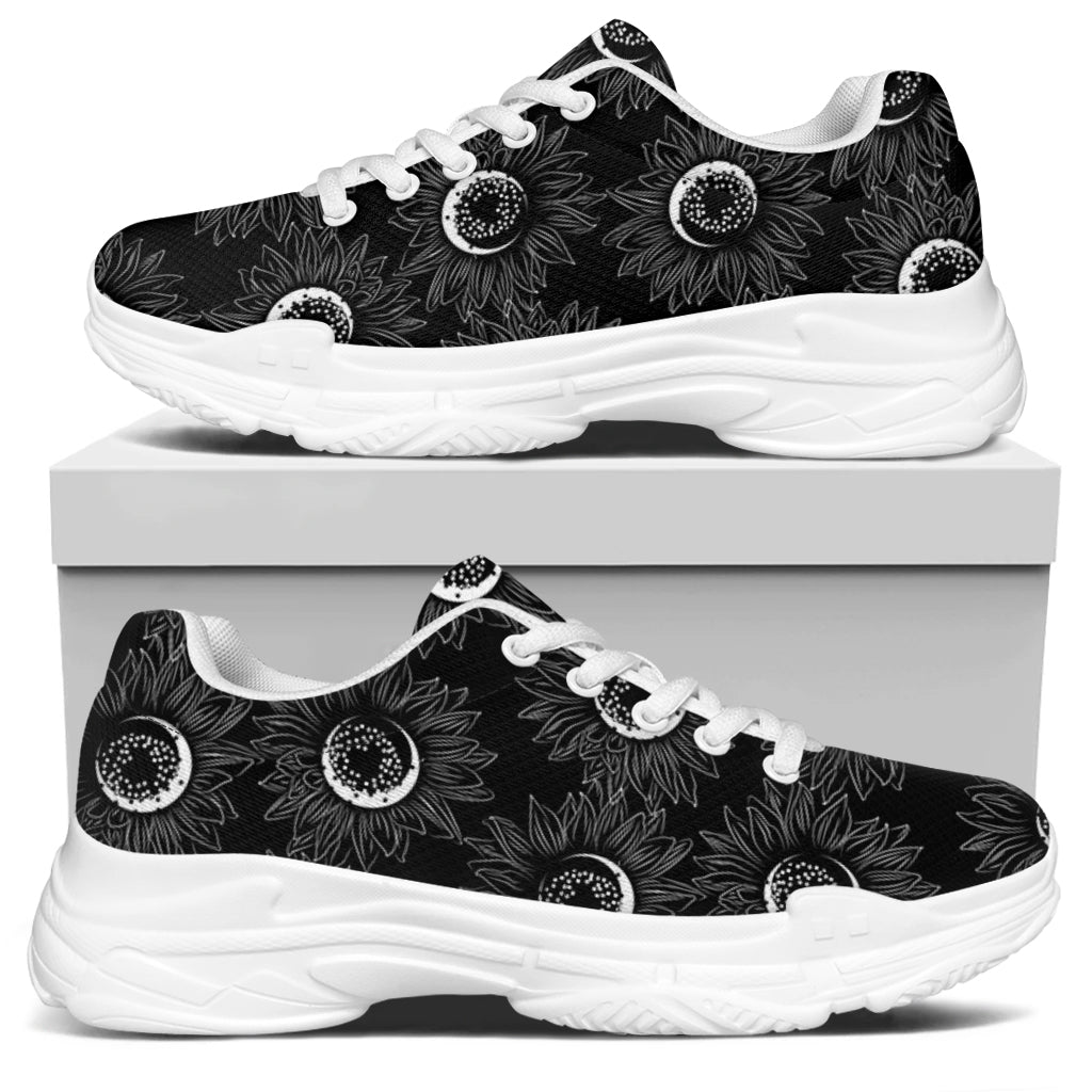 White And Black Sunflower Pattern Print White Chunky Shoes