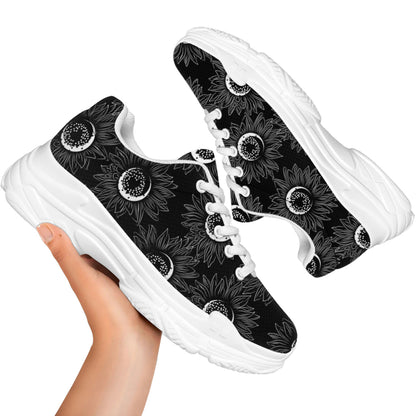 White And Black Sunflower Pattern Print White Chunky Shoes