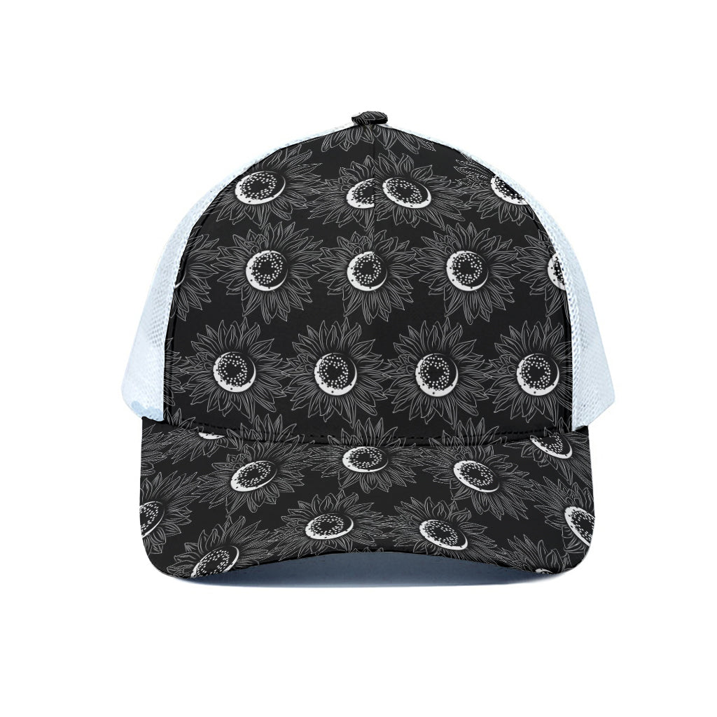 White And Black Sunflower Pattern Print White Mesh Trucker Cap
