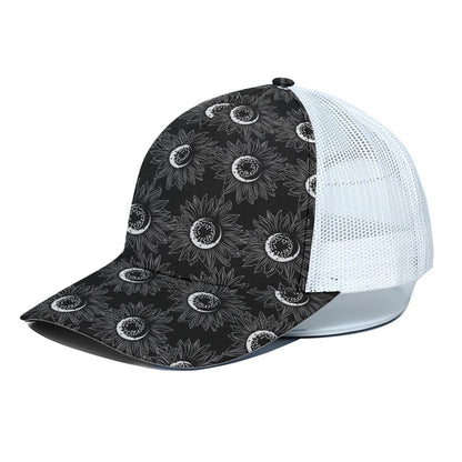 White And Black Sunflower Pattern Print White Mesh Trucker Cap