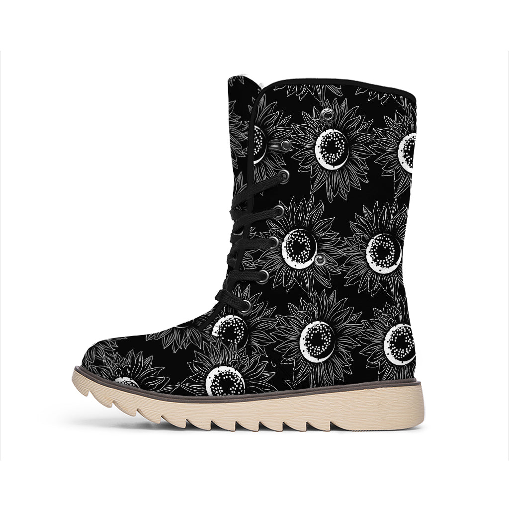 White And Black Sunflower Pattern Print Winter Boots