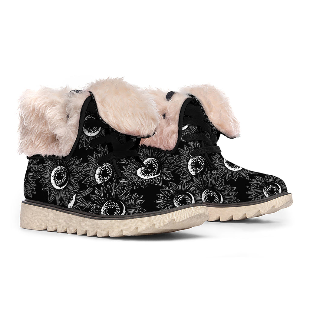 White And Black Sunflower Pattern Print Winter Boots