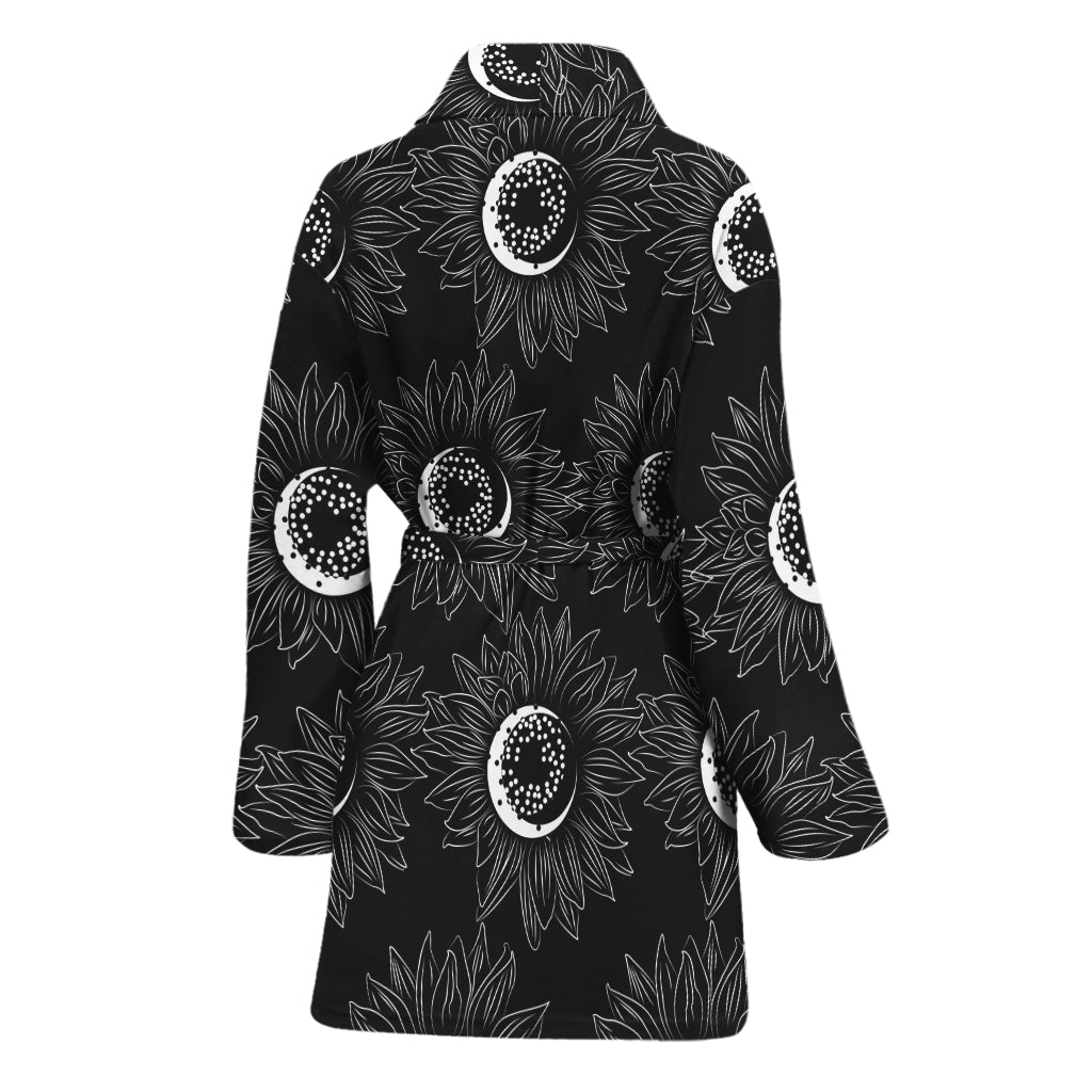 White And Black Sunflower Pattern Print Women's Bathrobe