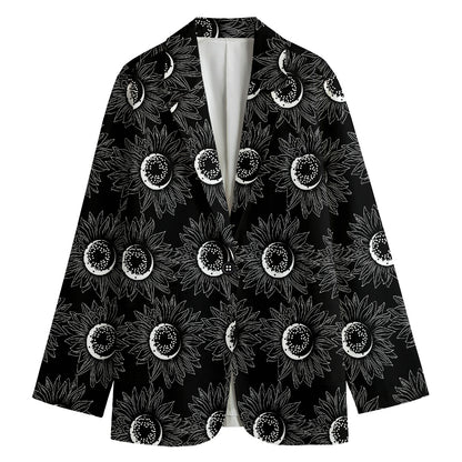 White And Black Sunflower Pattern Print Women's Blazer