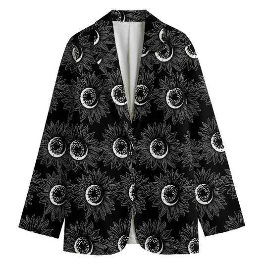 White And Black Sunflower Pattern Print Women's Blazer