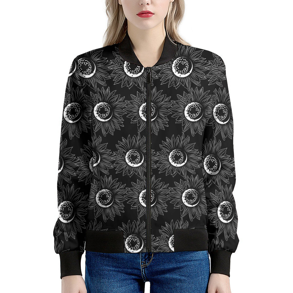 White And Black Sunflower Pattern Print Women's Bomber Jacket